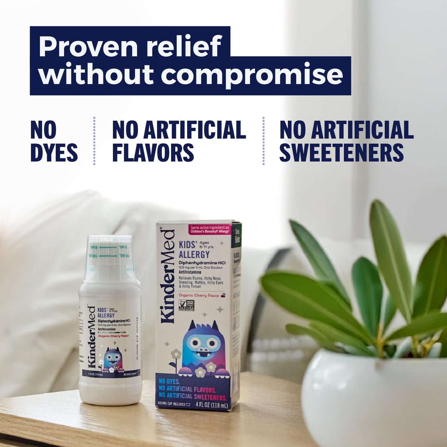 KinderMed Kids' Allergy Medicine with Diphenhydramine HCl – Organic Cherry Flavor, 4 oz (Ages 6-11)