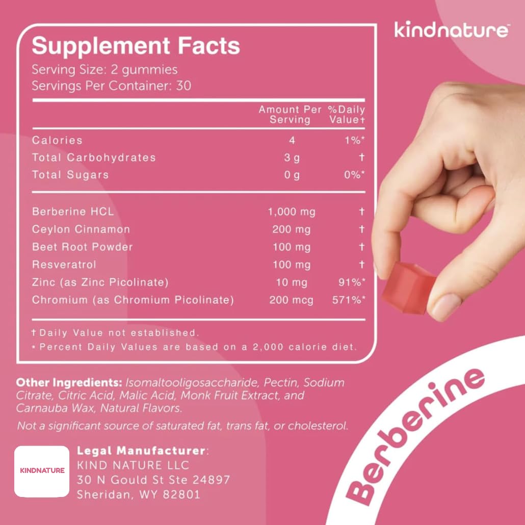 KINDNATURE Berberine Gummies 1000mg - Sugar-Free Vegan for Blood Sugar & Metabolism