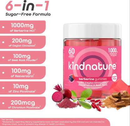 KINDNATURE Berberine Gummies 1000mg - Sugar-Free Vegan for Blood Sugar & Metabolism