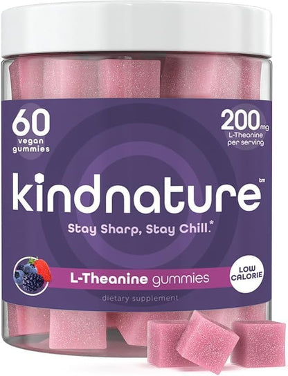 kindnature L-Theanine Gummies 200mg – Vegan Calm & Focus for Adults & Kids 4+ – Mixed Berry