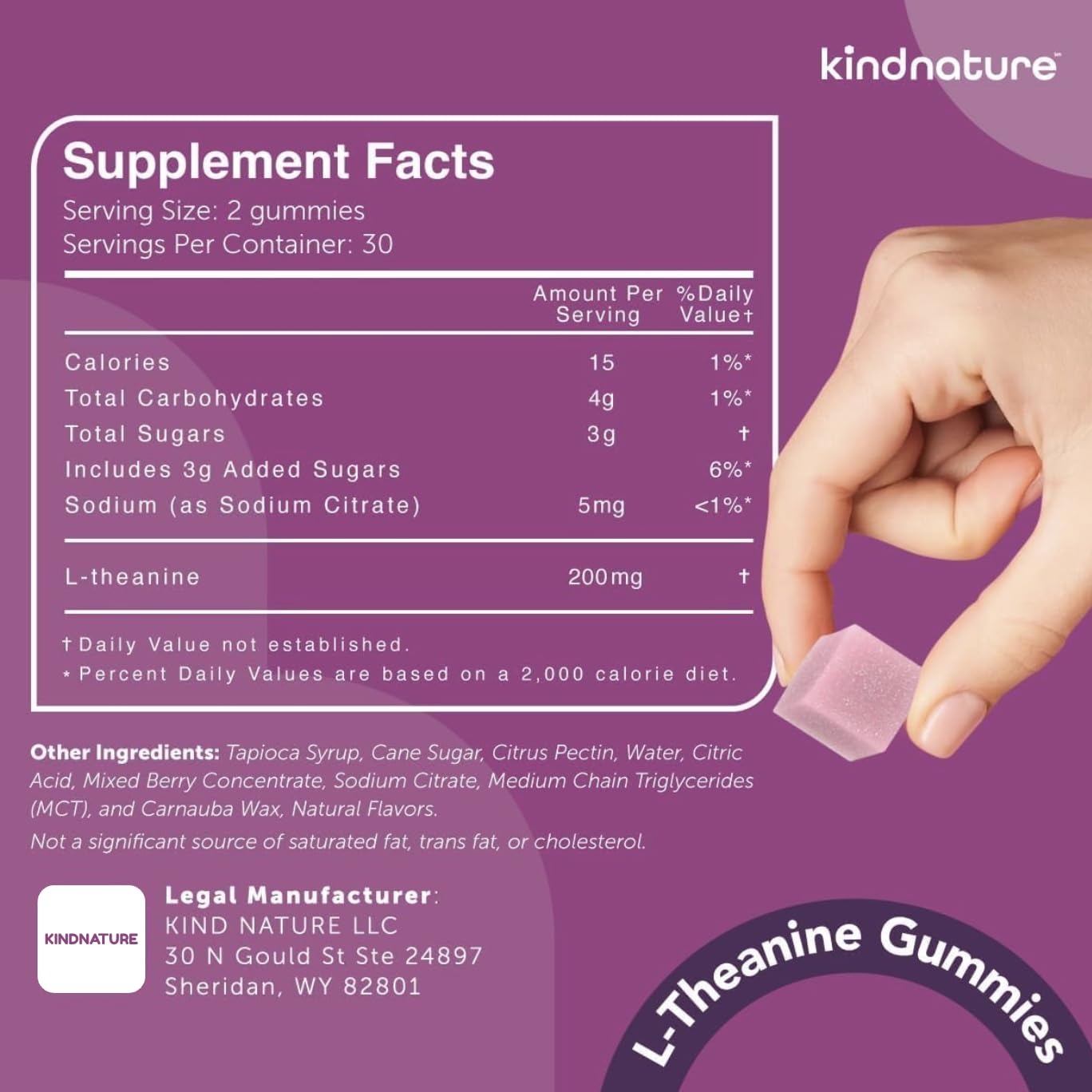 kindnature L-Theanine Gummies 200mg – Vegan Calm & Focus for Adults & Kids 4+ – Mixed Berry