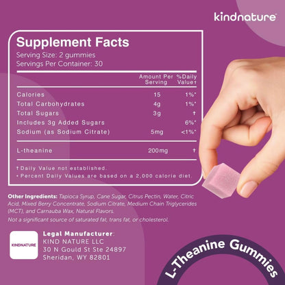 kindnature L-Theanine Gummies 200mg – Vegan Calm & Focus for Adults & Kids 4+ – Mixed Berry