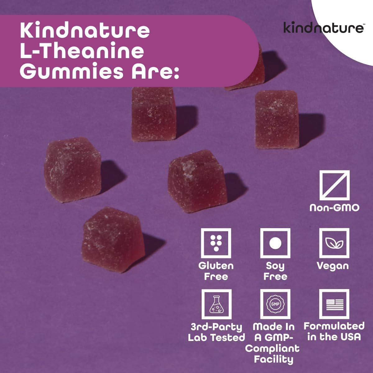 kindnature L-Theanine Gummies 200mg – Vegan Calm & Focus for Adults & Kids 4+ – Mixed Berry