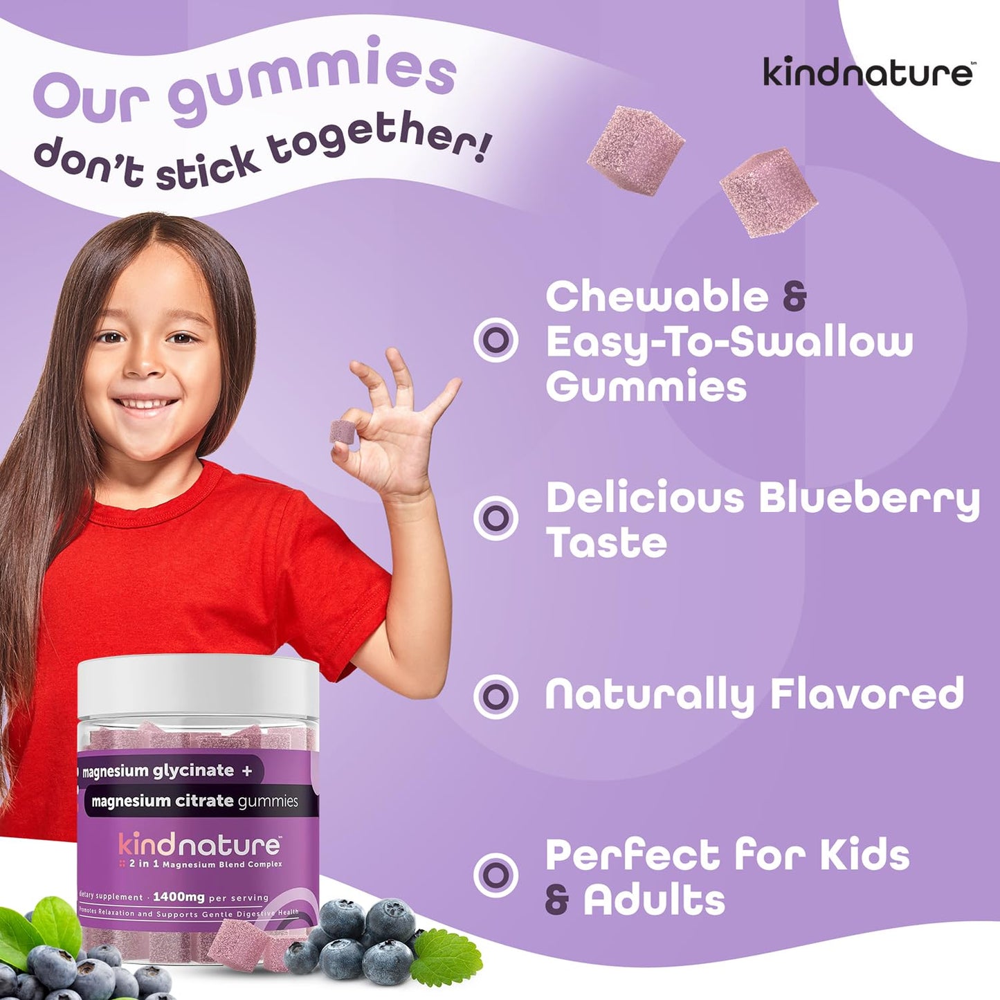 KINDNATURE Magnesium Glycinate & Citrate Gummies – Calm Sleep, Stress & Cramps | Vegan Magnesium – 60 Ct