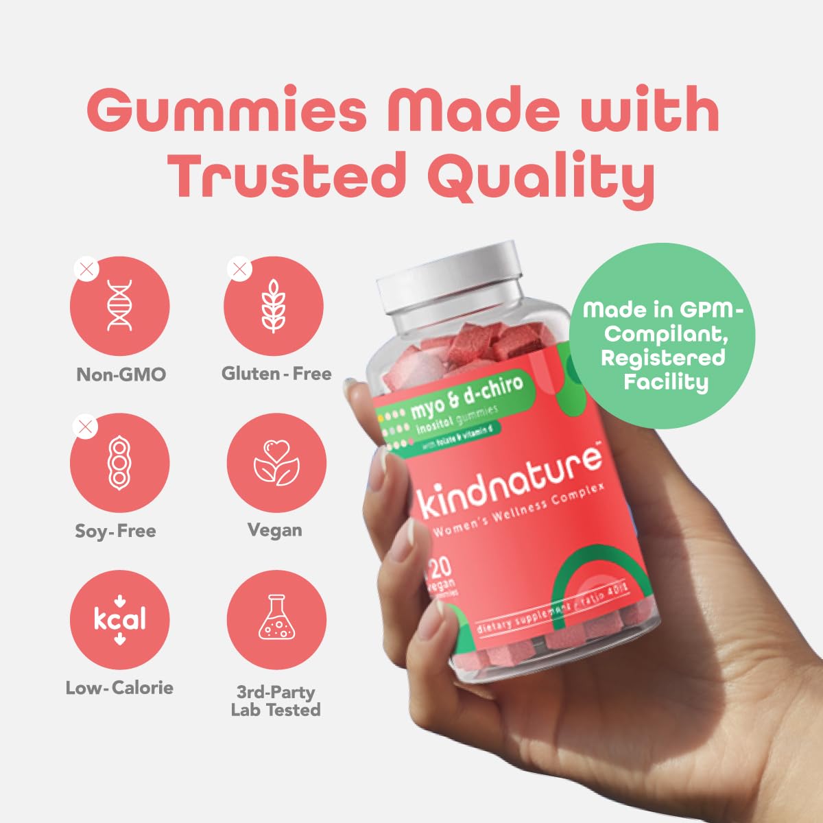 kindnature Myo-Inositol & D-Chiro Inositol Gummies with Vitamin D & Folate – 40:1 Ratio – 30 Day Supply