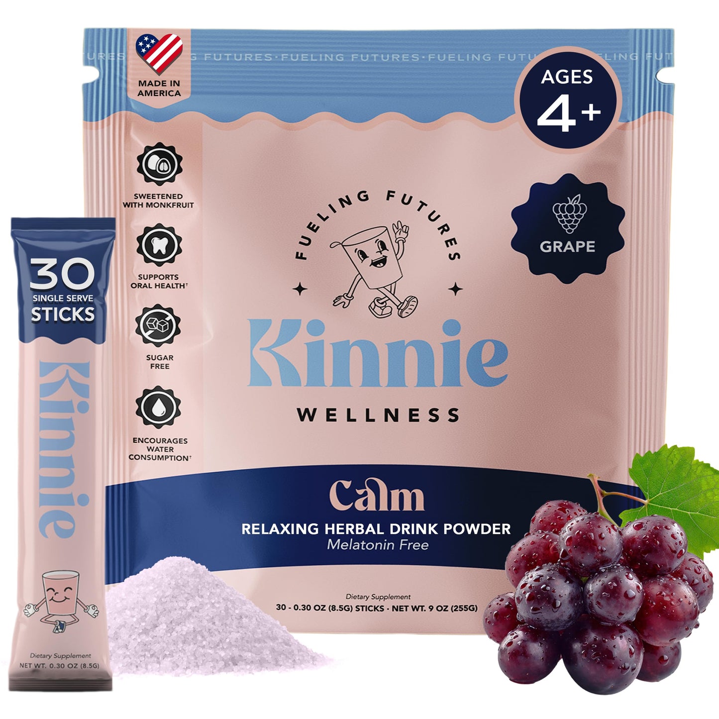 Kinnie Calm Drink Mix for Kids – Grape, Sugar-Free & Melatonin-Free (30 Sticks)