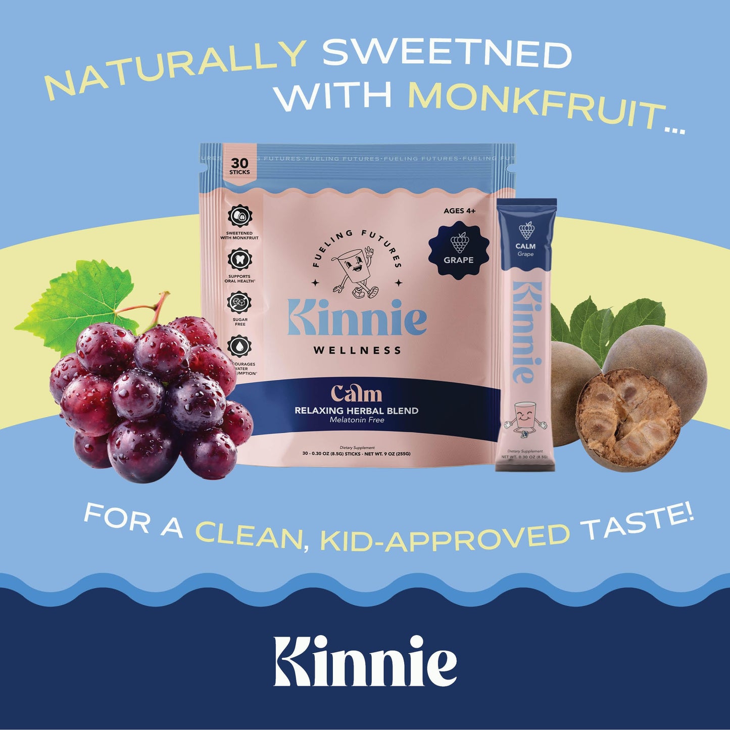 Kinnie Calm Drink Mix for Kids – Grape, Sugar-Free & Melatonin-Free (30 Sticks)