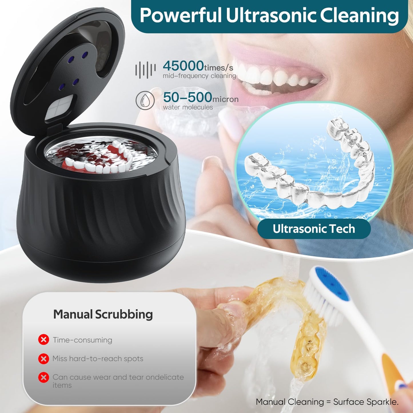KINTLE Ultrasonic Retainer Cleaner 45kHz – 200ml, 4 Modes, UV Sterilization