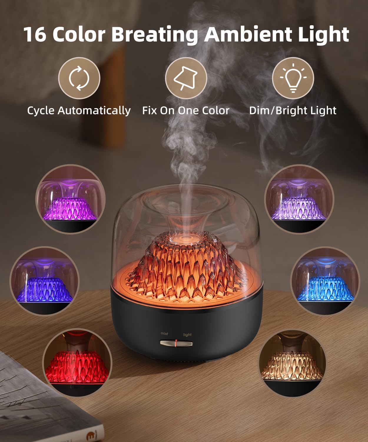 KinYiLO Essential Oil Diffuser 200ml Volcano Mountain – 7 Color LED Lights, Ultrasonic Cool Mist