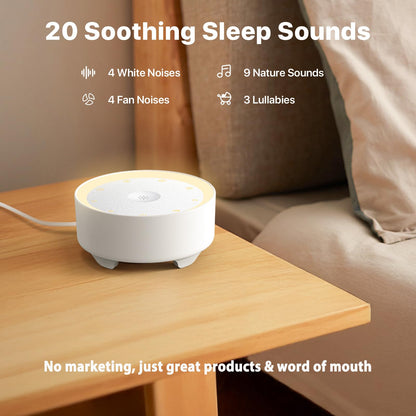 Kipcush White Noise Machine – 20 Sounds, 2 Shortcuts, Warm Night Light