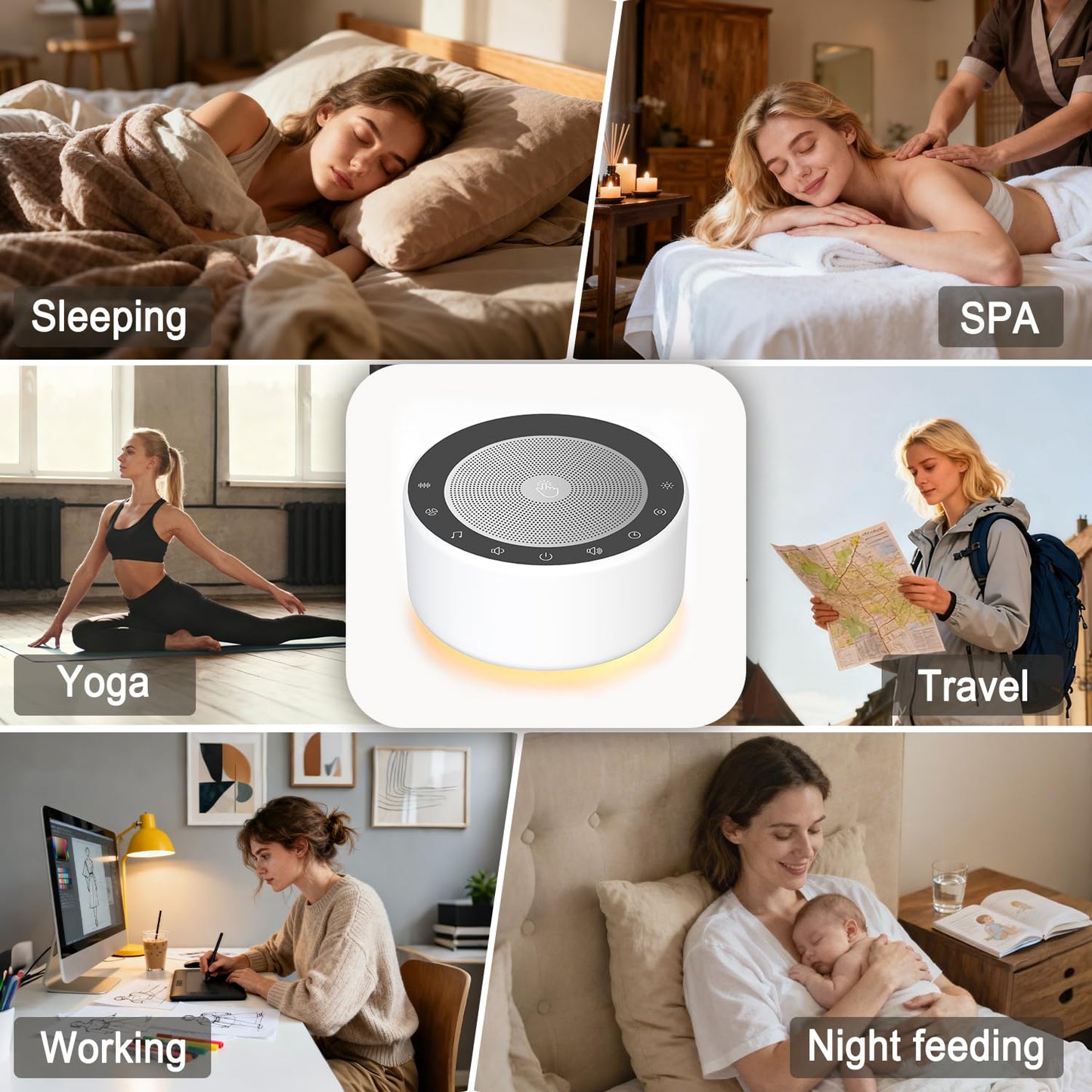 Kipcush White Noise Machine with Nursery Lamp | 30 Soothing Sounds, 8-Color Night Light, 8H Timer