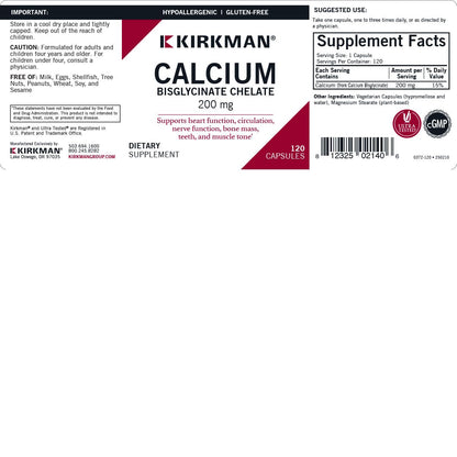 Kirkman Calcium Bisglycinate Chelate 200mg – 120 Capsules – Hypoallergenic – No Vitamin D3
