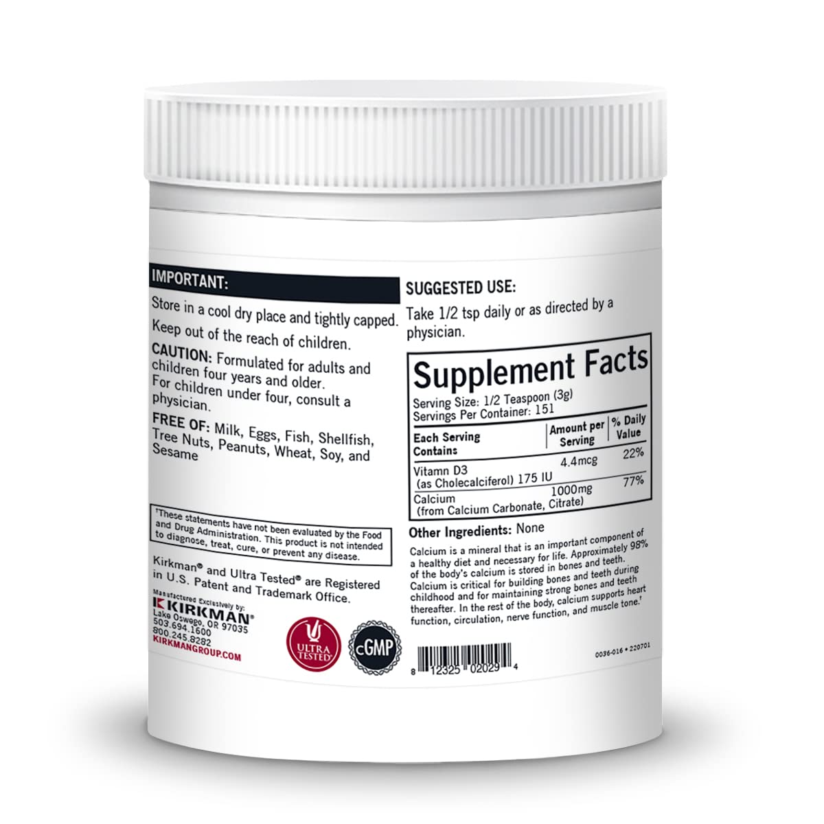 Kirkman Calcium with Vitamin D3 Powder – Unflavored, Hypoallergenic, Gluten & Casein Free | 454 g (16 oz)