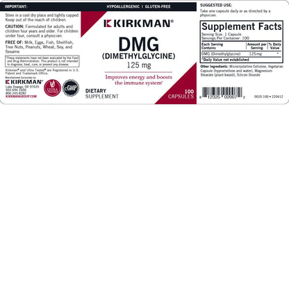 DMG (Dimethylglycine), 125 mg, 100 Capsules, Kirkman Labs