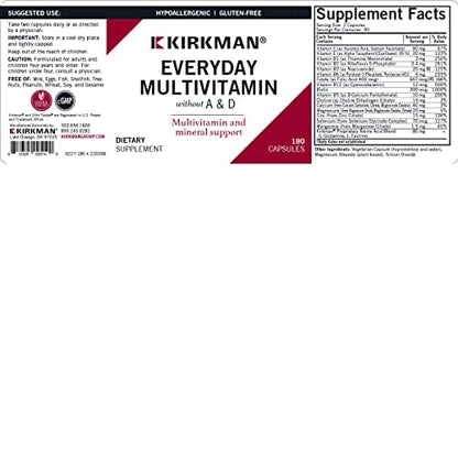 Kirkman Everyday Multivitamin Without Vitamins A & D - 180 Capsules | Hypoallergenic