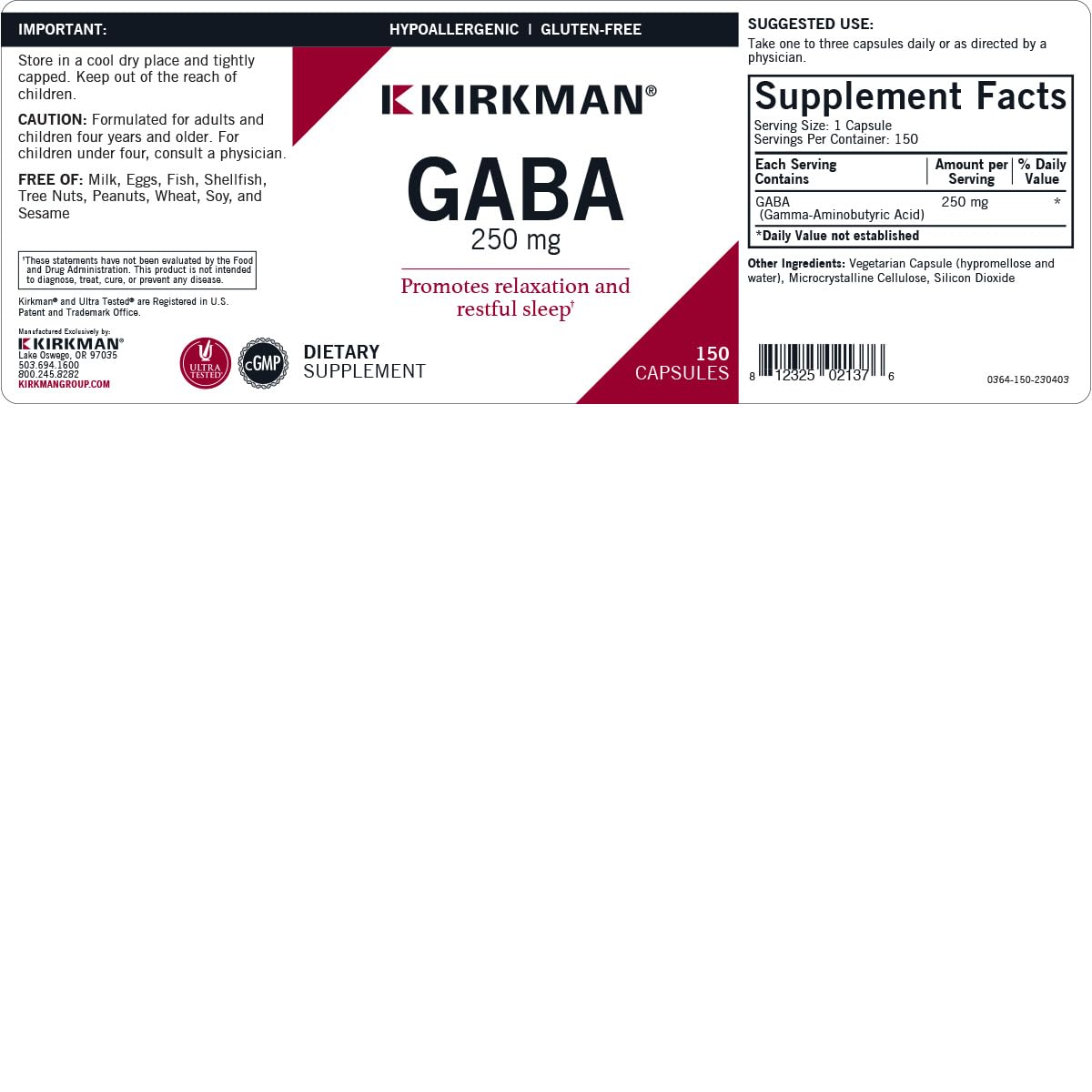 Kirkman GABA 250 mg – 150 Caps | Supports Relaxation & Sleep
