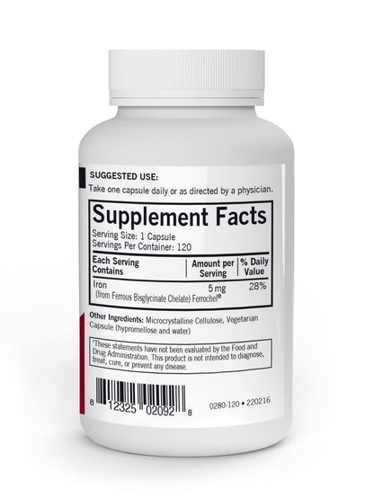 Kirkman Iron Ferrochel 5mg - 120 Capsules | Supports Hemoglobin & Red Blood Cells