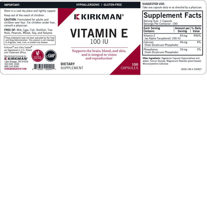 Kirkman Vitamin E 100 IU - Hypoallergenic | 100 Vegetarian Capsules | Gluten Free | Casein Free | Soy-Free (Pack of 2)