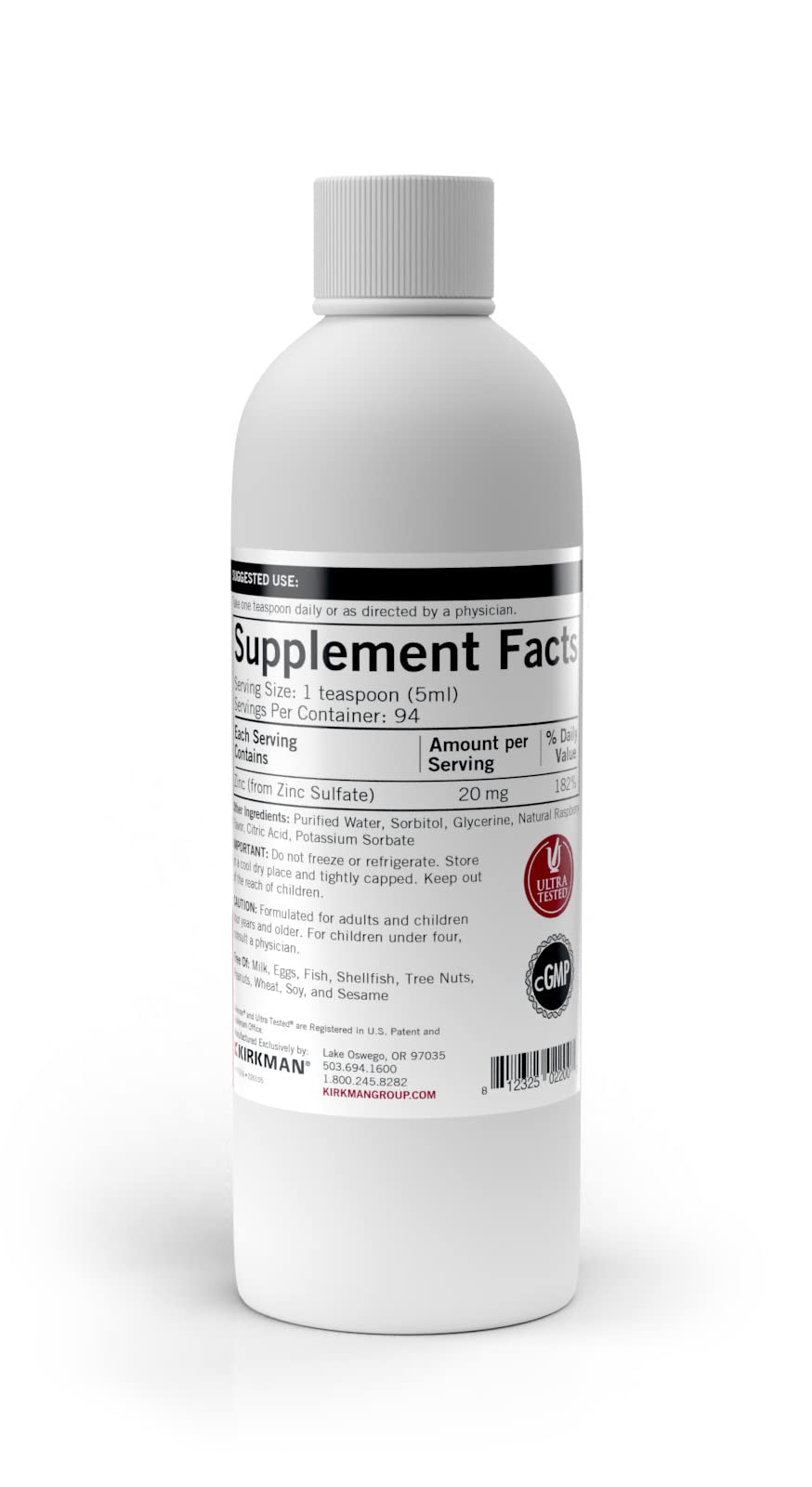 Kirkman Zinc Liquid - New Formulation, 16 oz, Natural Raspberry Flavor, Free of Common Allergens