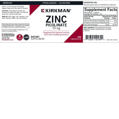 Kirkman Zinc Picolinate 25 mg – Hypoallergenic, Gluten Free, 150 Veg Capsules
