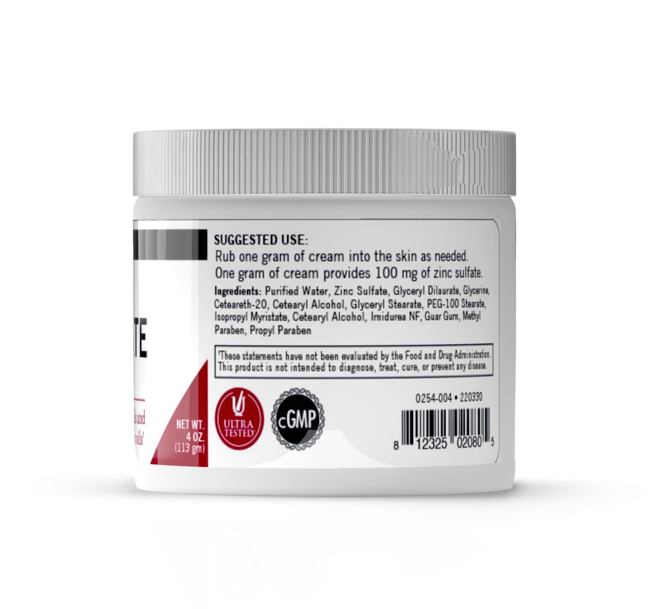 Kirkman - Zinc Sulfate Topical Cream - 4 fl oz - Fast Absorption - 10% Zinc Sulfate - Hypoallergenic