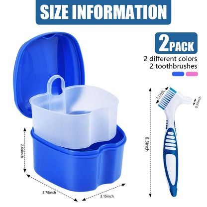 KISEER 2 Pack Denture Bath Case – Travel Box with Brush & Strainer (Blue & Pink)