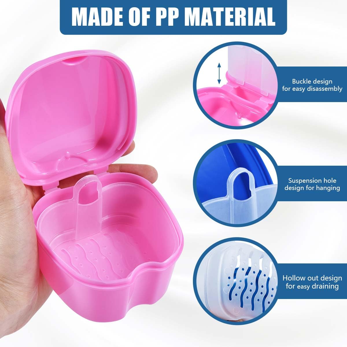 KISEER 2 Pack Denture Bath Case – Travel Box with Brush & Strainer (Blue & Pink)