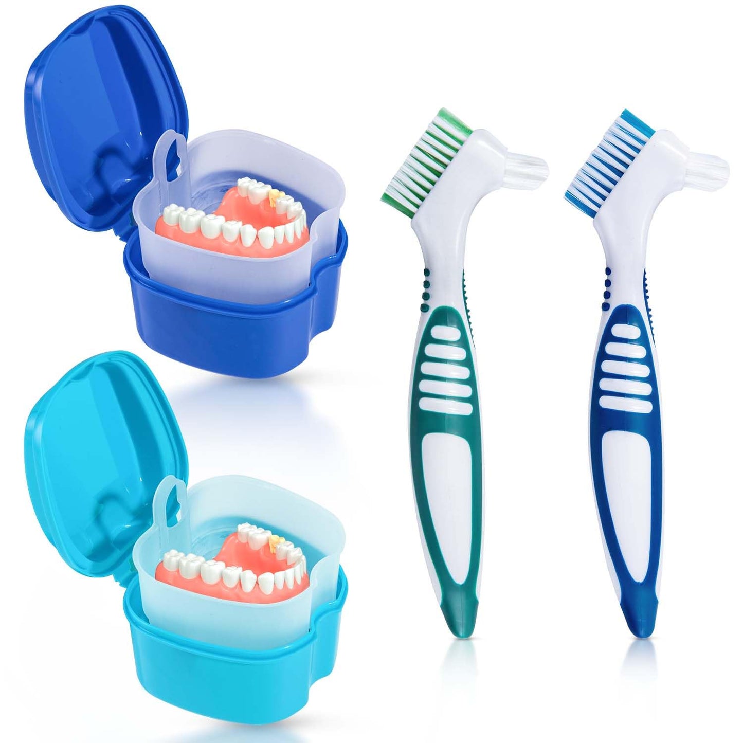KISEER 2-Pack Denture Bath Case & Brush – Travel Storage (Blue & Light Blue)