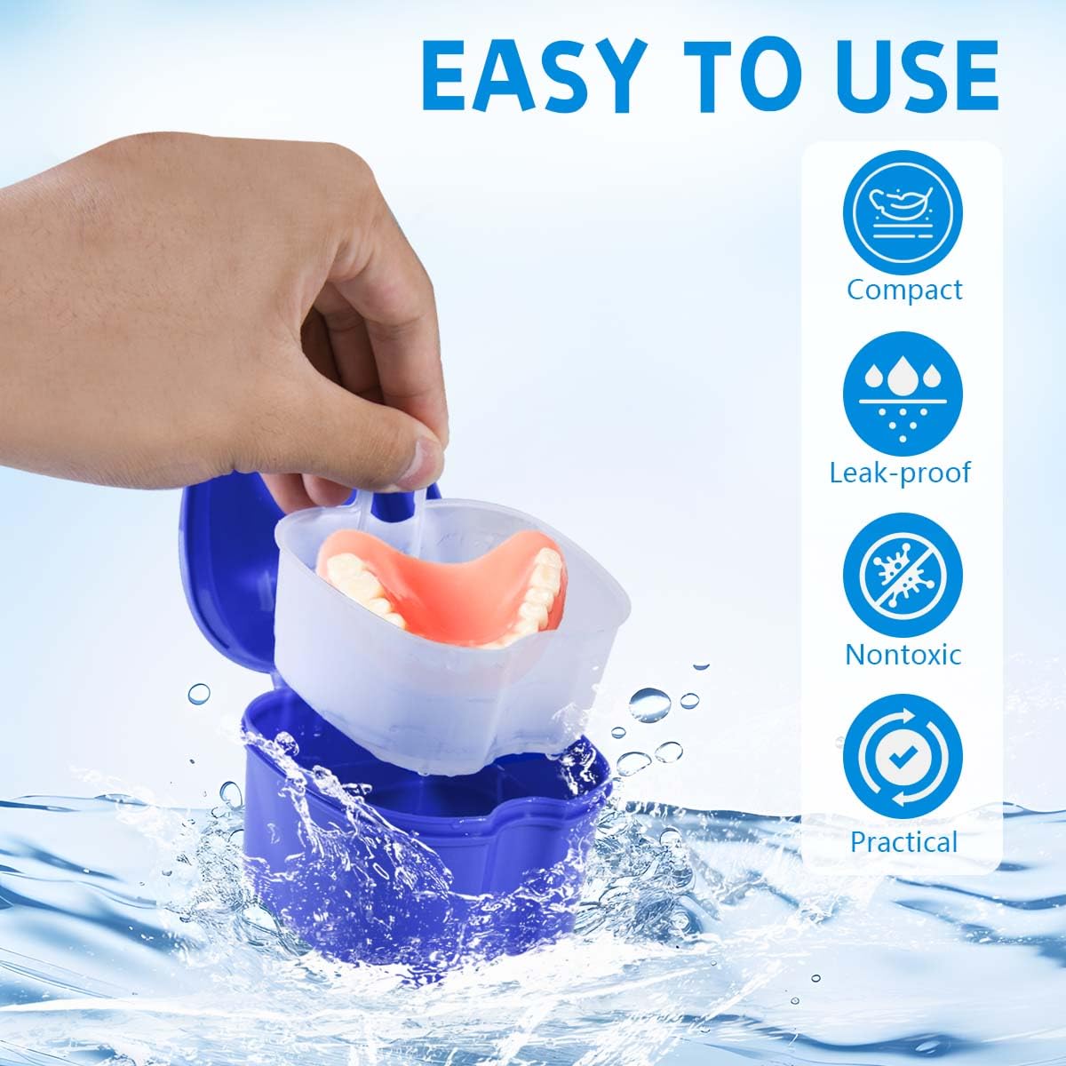 KISEER 2 Pack Denture Bath Case – Light Blue & Blue, Travel Friendly