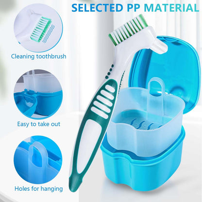 KISEER 2-Pack Denture Bath Case & Brush – Travel Storage (Blue & Light Blue)