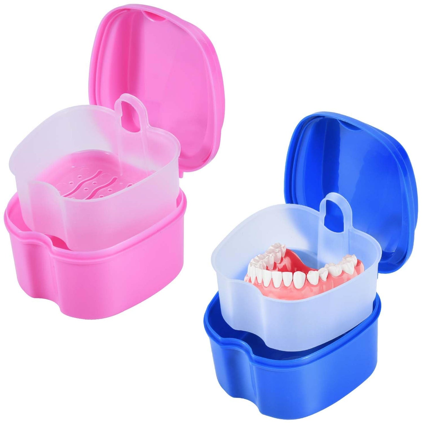 KISEER 2 Pack Denture Bath Case – Blue & Pink Travel Storage with Strainer Basket