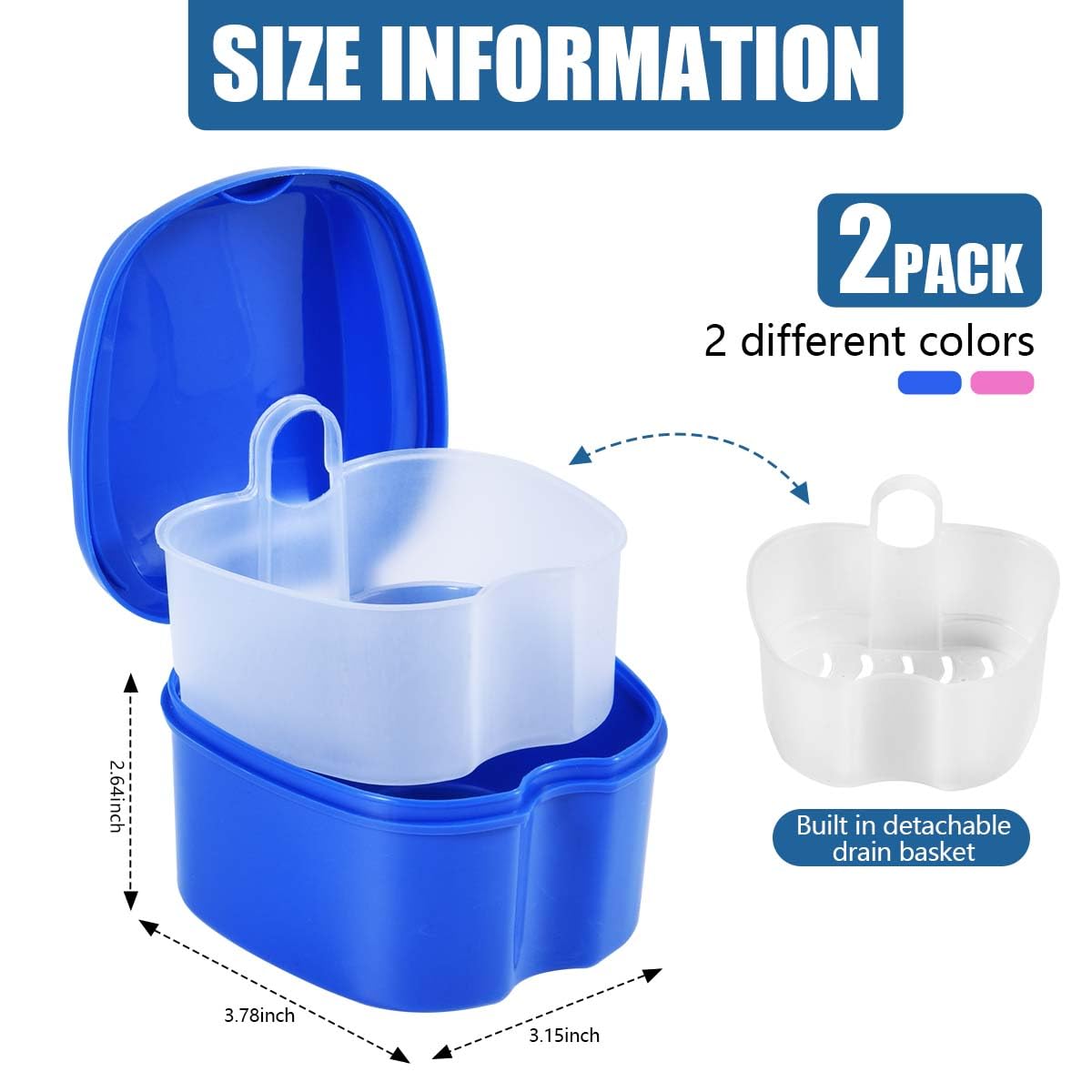 KISEER 2 Pack Denture Bath Case – Blue & Pink Travel Storage with Strainer Basket