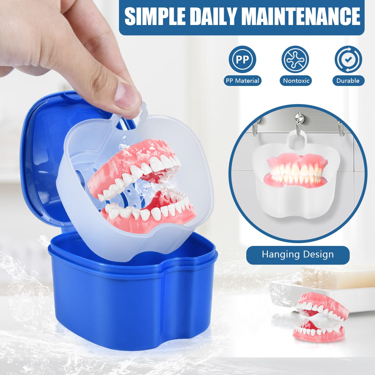 KISEER 2 Pack Denture Bath Case – Blue & Pink Travel Storage with Strainer Basket