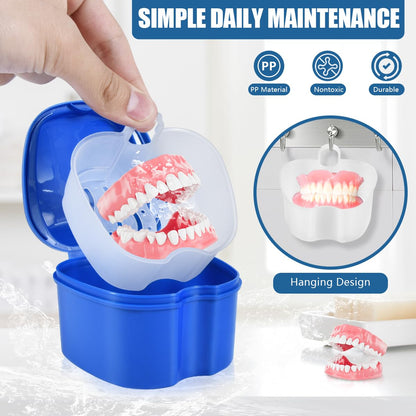 KISEER 2 Pack Denture Bath Case – Blue & Pink Travel Storage with Strainer Basket