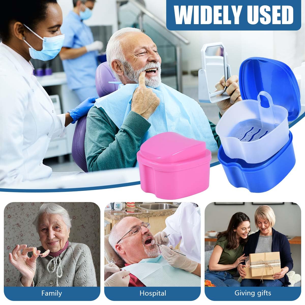KISEER 2 Pack Denture Bath Case – Blue & Pink Travel Storage with Strainer Basket