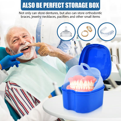 KISEER 2 Pack Denture Bath Case – Travel Box with Brush & Strainer (Blue & Pink)