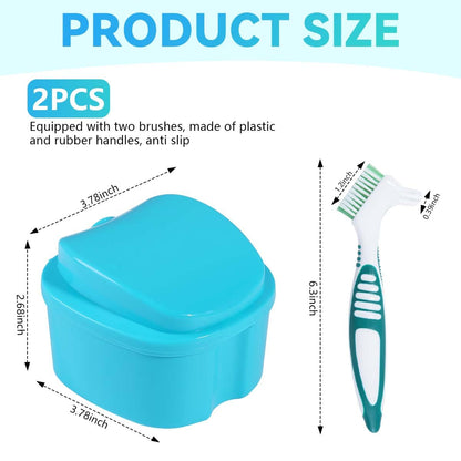 KISEER 2-Pack Denture Bath Case & Brush – Travel Storage (Blue & Light Blue)