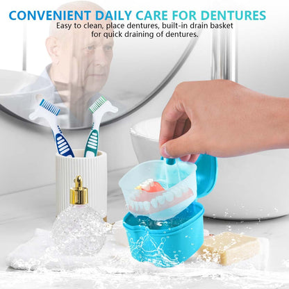 KISEER 2-Pack Denture Bath Case & Brush – Travel Storage (Blue & Light Blue)
