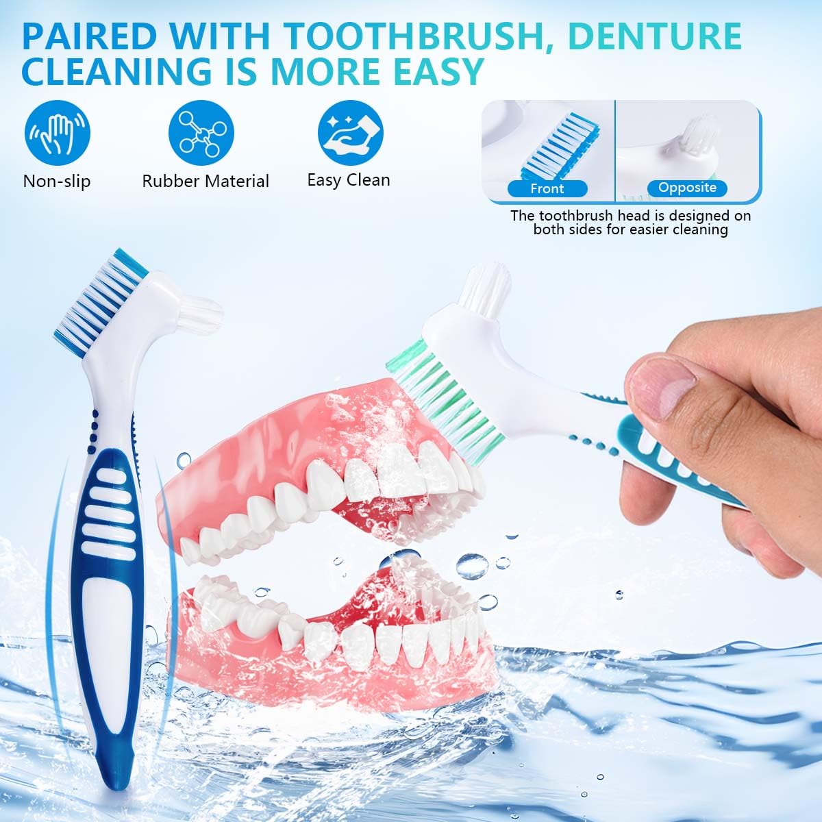 KISEER 2-Pack Denture Bath Case & Brush – Travel Storage (Blue & Light Blue)