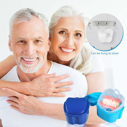 KISEER 2-Pack Denture Bath Case & Brush – Travel Storage (Blue & Light Blue)