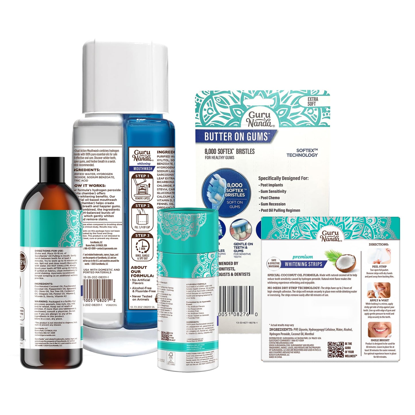 GuruNanda Total Smile Makeover Kit Regular | Cocomint Oil Pulling, Dual Barrel Whitening Mouthwash, Whitening Strips & Butter on Gums Toothbrushes