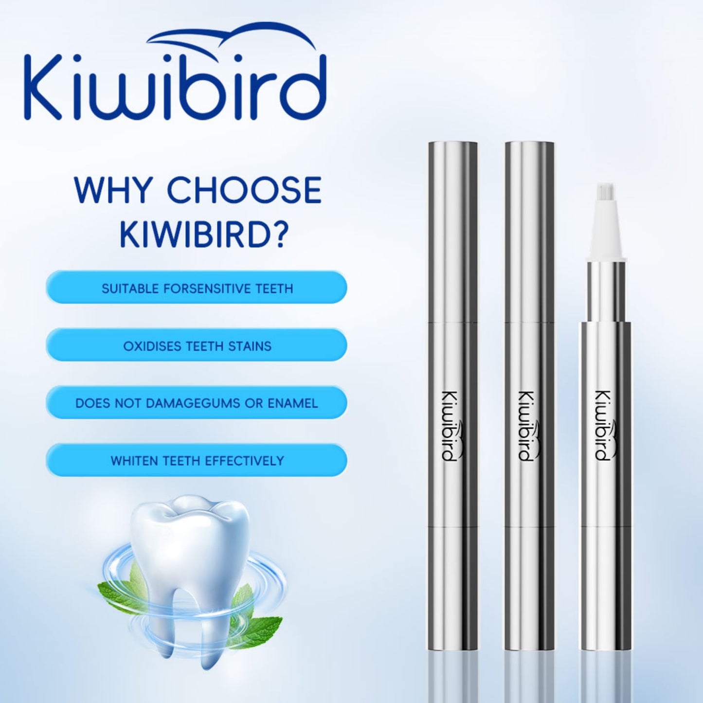 KIWIBIRD Teeth Whitening Kit for Sensitive Teeth – 3 Gel Pens & LED Light