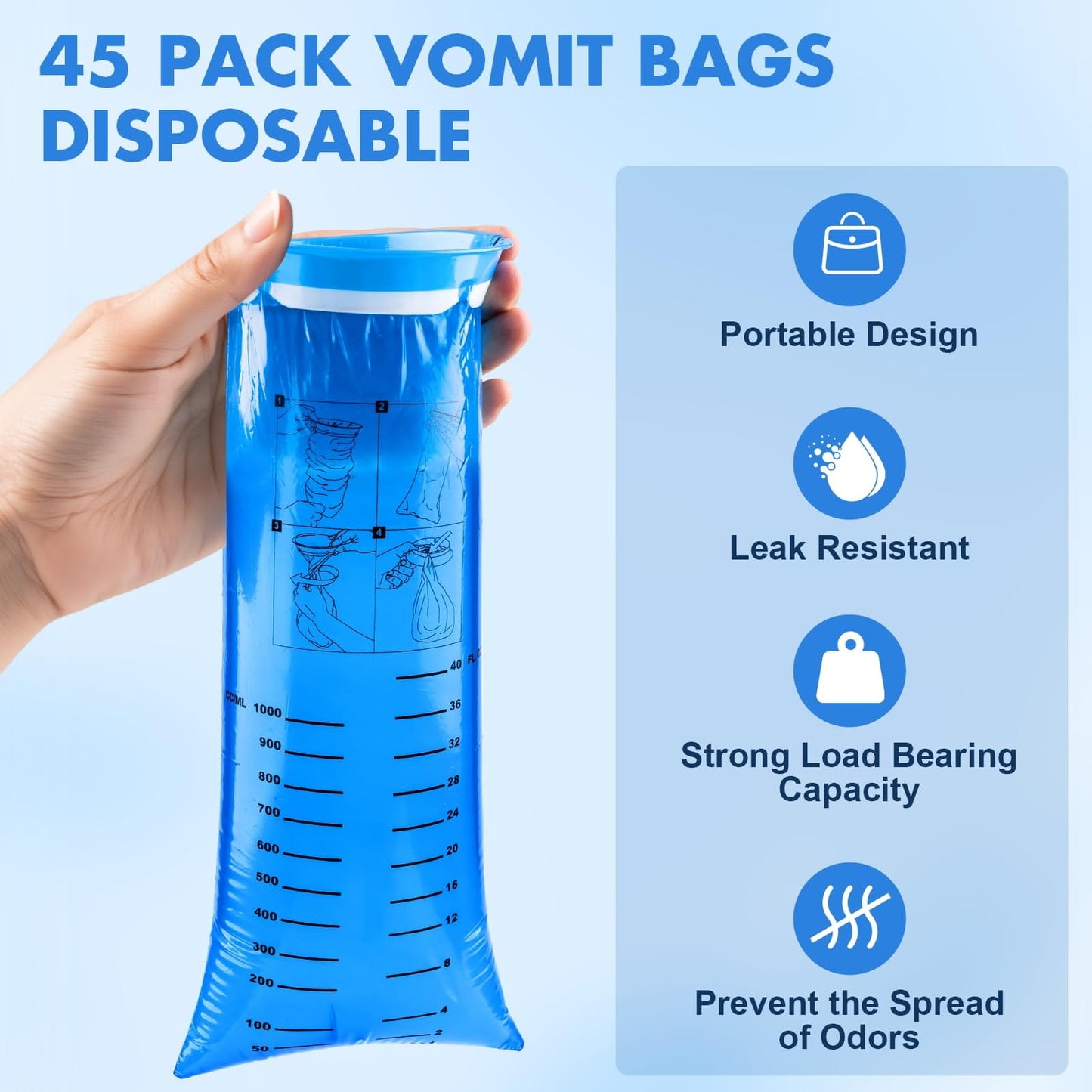 KKEETUR 45 Pack Throw Up Bags Disposable – 1000ml Emesis Bags for Travel, Motion Sickness & Car Flights