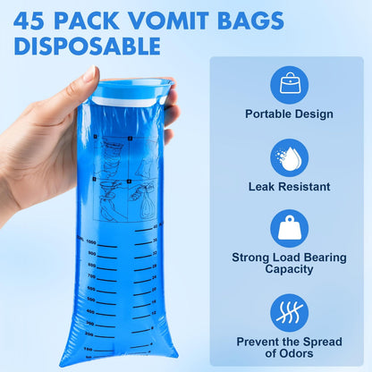 KKEETUR 45 Pack Throw Up Bags Disposable – 1000ml Emesis Bags for Travel, Motion Sickness & Car Flights