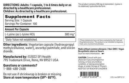 Klaire Labs SFI Health L-Lysine 500 mg – Immune Support & Collagen Formation (100 Capsules)