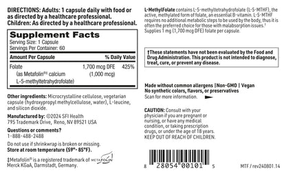 Klaire Labs SFI Health L-Methylfolate - 1000 mcg Folate Highly Bioavailable (60 Capsules)