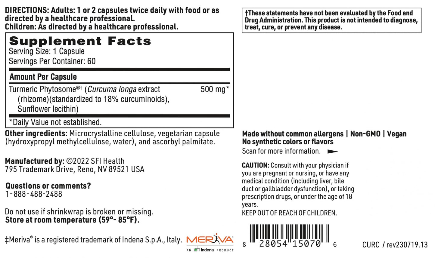 CurcuThera 500 mg Meriva Curcumin Complex | Klaire Labs SFI Health, 60 Vegan Capsules