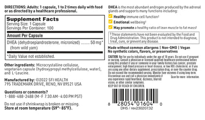 Klaire Labs DHEA 50mg – Micronized, Wild Yam-Derived, Soy-Free (100 capsules)