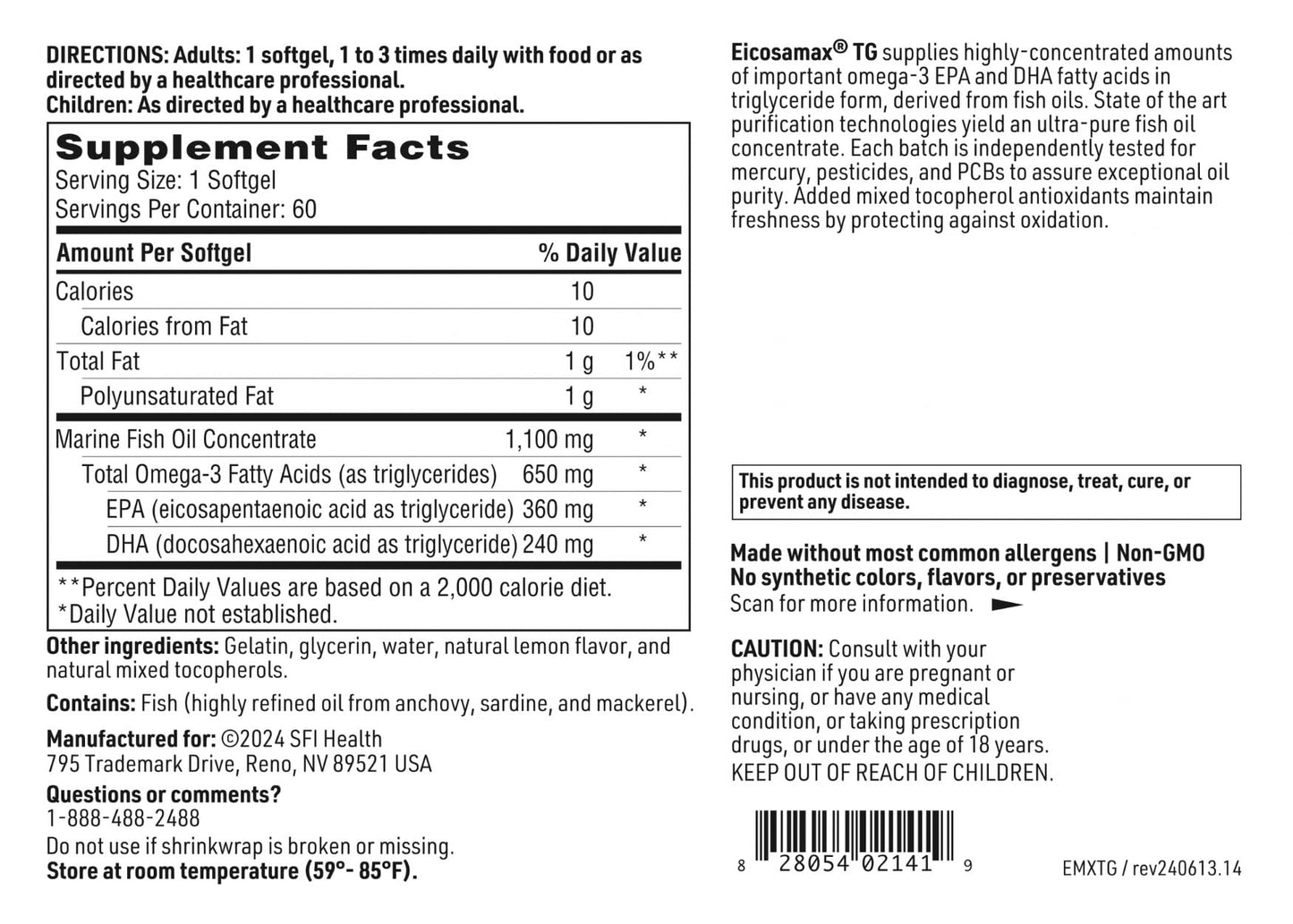 Klaire Labs Eicosamax TG Fish Oil - Ultra Pure Omega-3 (EPA 360 mg / DHA 240 mg) - 60 Softgels