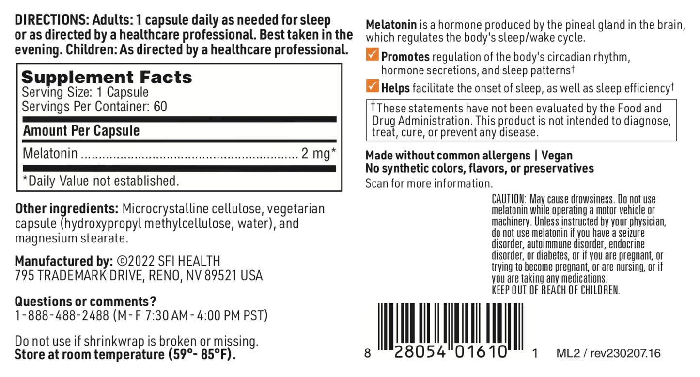 Klaire Labs SFI Health Melatonin-SR 2 mg Capsules (60) | Sustained Time-Release Sleep Support